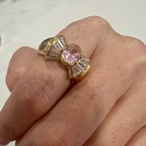 Sterling Silver 925 Gold Plated Bow Ring Pink Crystal Clear Baguette Accents  7
